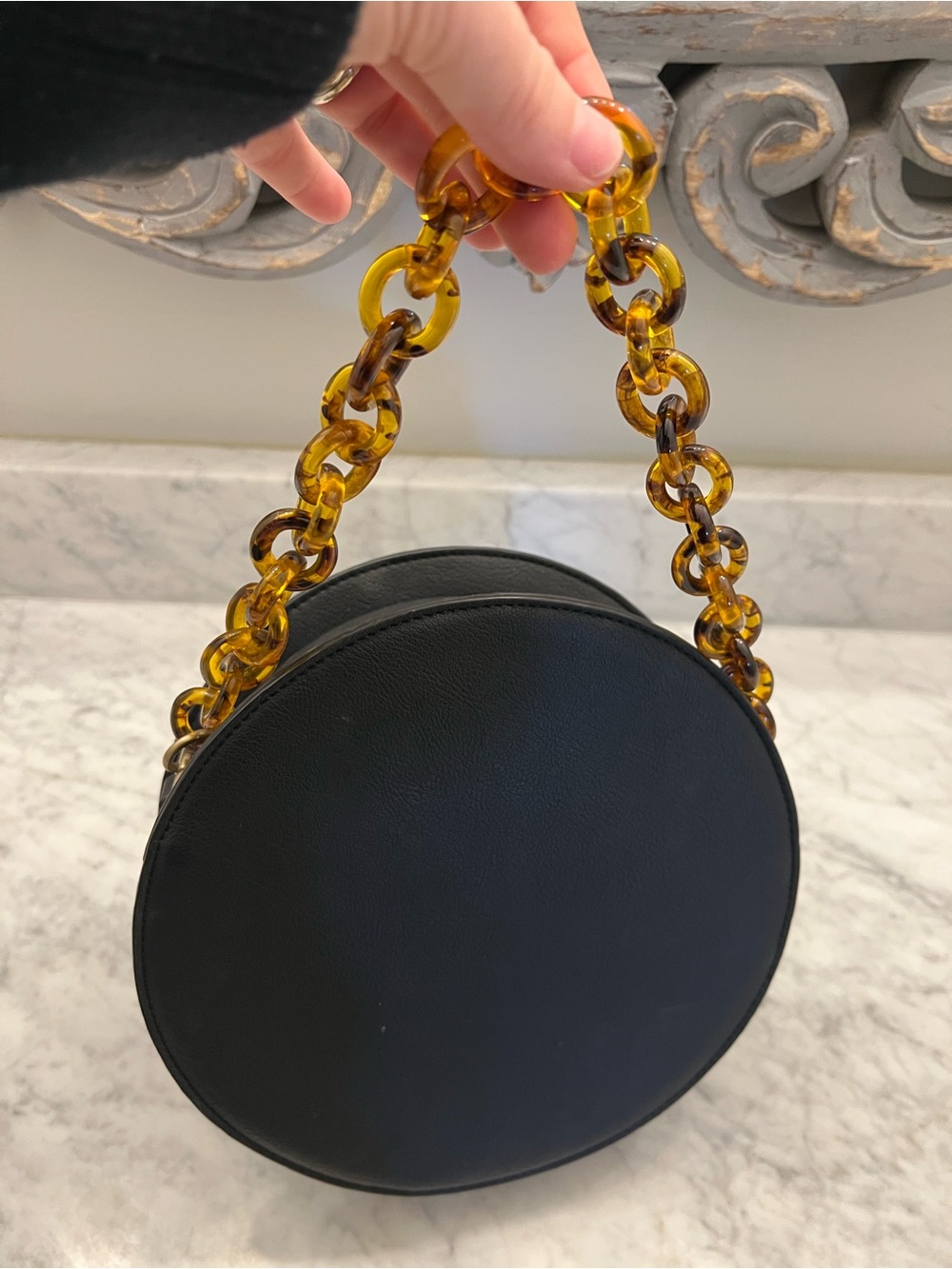 Anthropologie Round Black Shoulder Bag with Tortoiseshell Chain Handle. 🐢